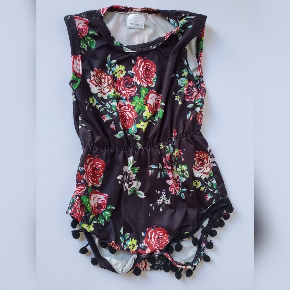 Black & Floral Baby Girls Pom Pom Romper | 6-12M